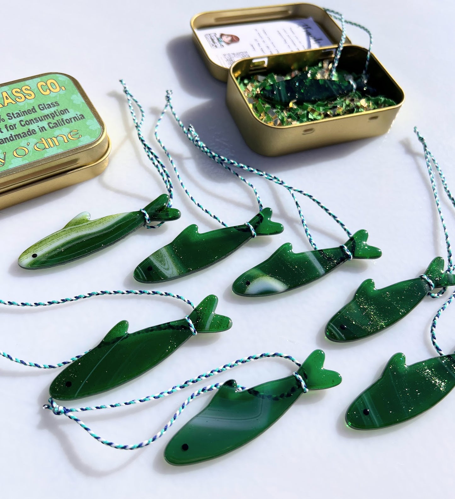 Handmade Stained Glass St. Patrick's Day Sardine Suncatcher with Metal Tin! One Single Beautiful Sparkly Emerald Colored Hanging Fish!