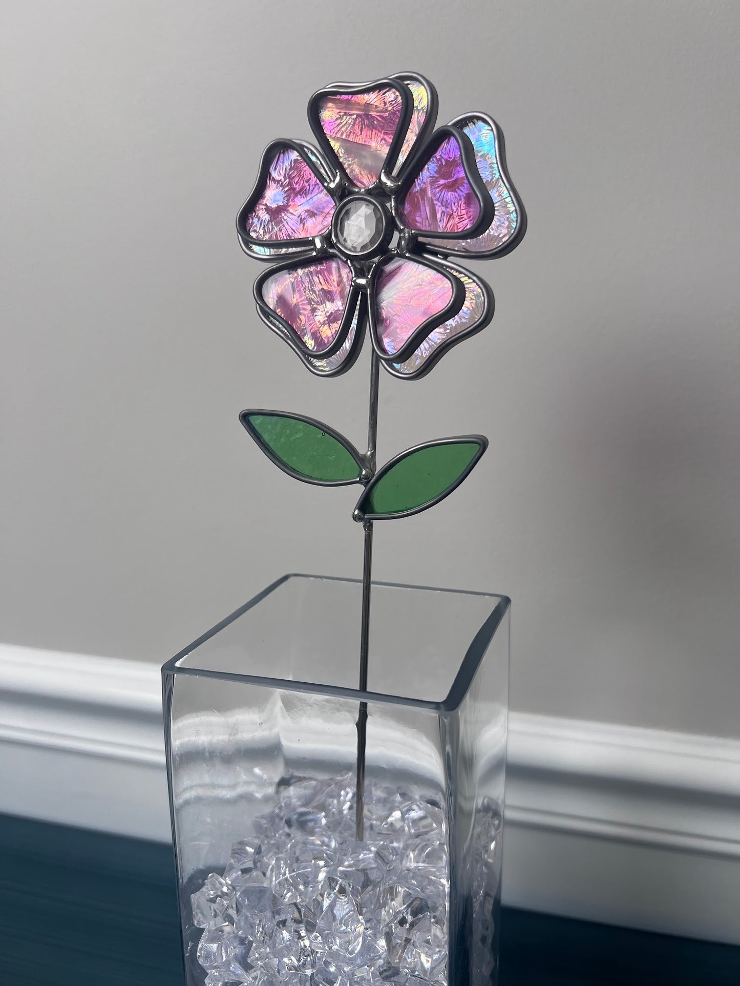 Hand Blown Pink and Rainbow Iridescent Stained Glass Flower with Faceted Round Gem Center