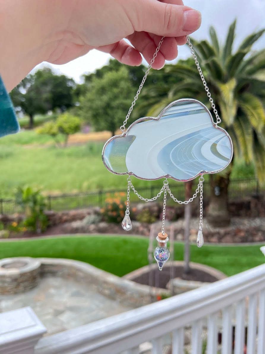 Wispy White Stained Glass Cloud with Magical Dust Vial and Raindrop Gems! Handmade to Order!