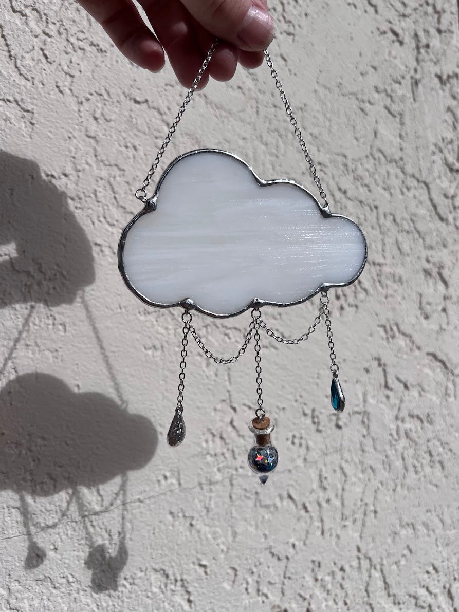 Iridescent Pearly White Stained Glass Cloud with Magical Dust Vial and Raindrop Gems! Handmade to Order!