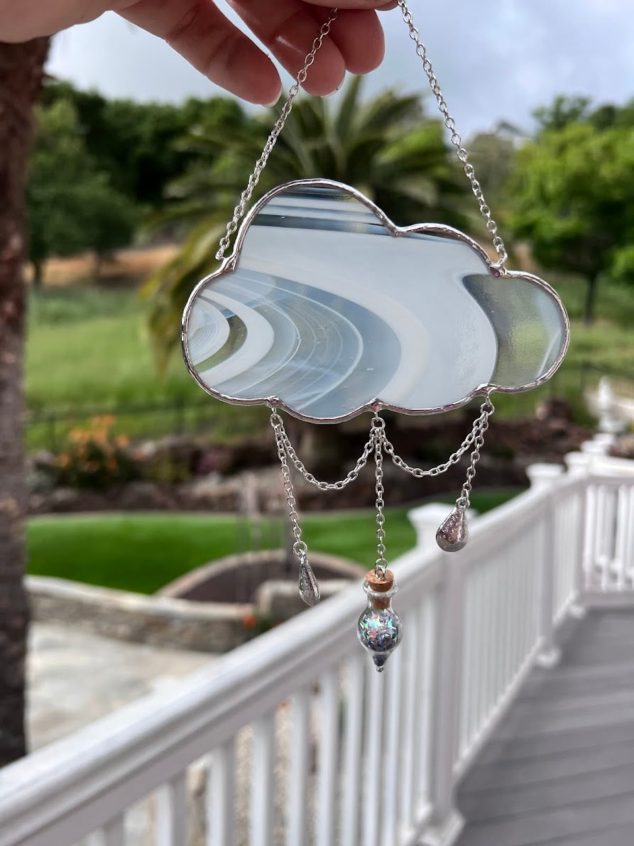 Wispy White Stained Glass Cloud with Magical Dust Vial and Raindrop Gems! Handmade to Order!