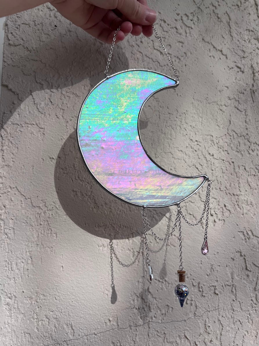 Iridescent Pearly White Stained Glass Hanging Moon with Sparkly Vial and Raindrop Gems! Handmade Made to Order!