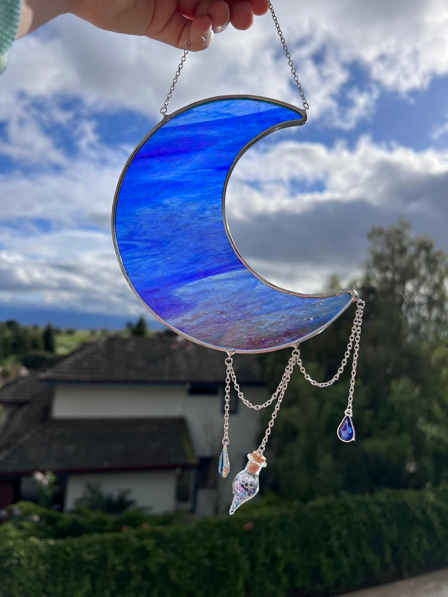 Iridescent Blue Stained Glass Hanging Moon with Sparkly Vial and Raindrop Gems! Handmade Made to Order!