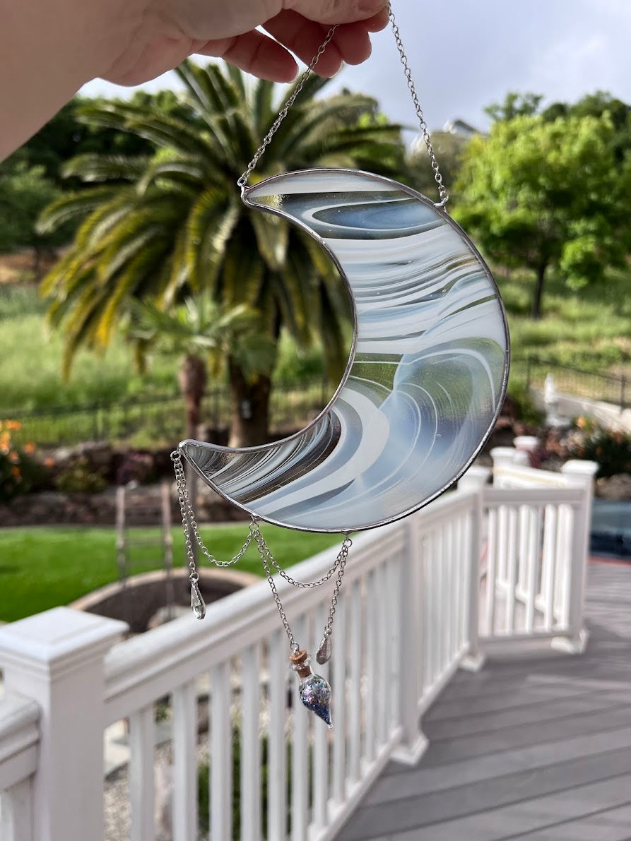 Wispy White Stained Glass Hanging Moon with Sparkly Vial and Raindrop Gems! Handmade Made to Order!
