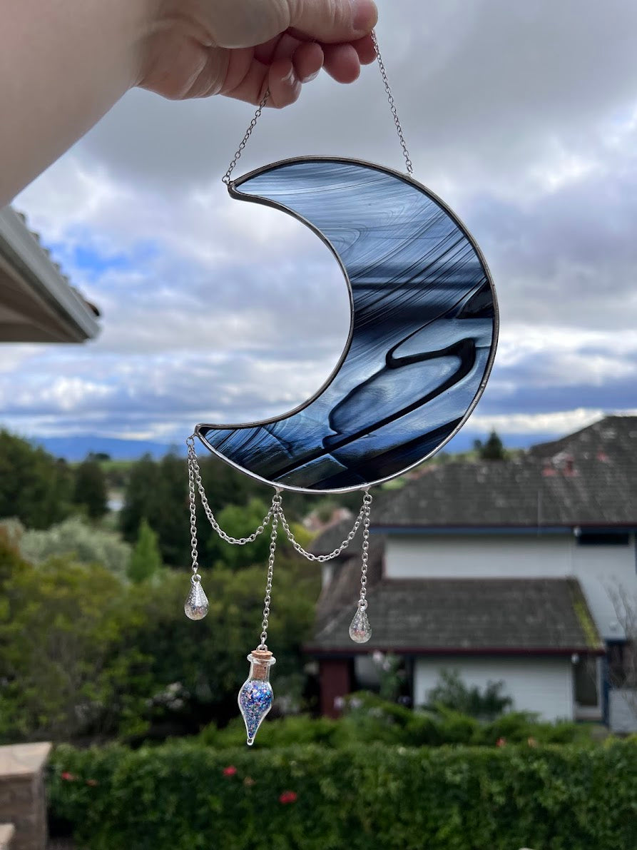 Wispy Black Stained Glass Hanging Moon with Sparkly Vial and Raindrop Gems! Handmade Made to Order!