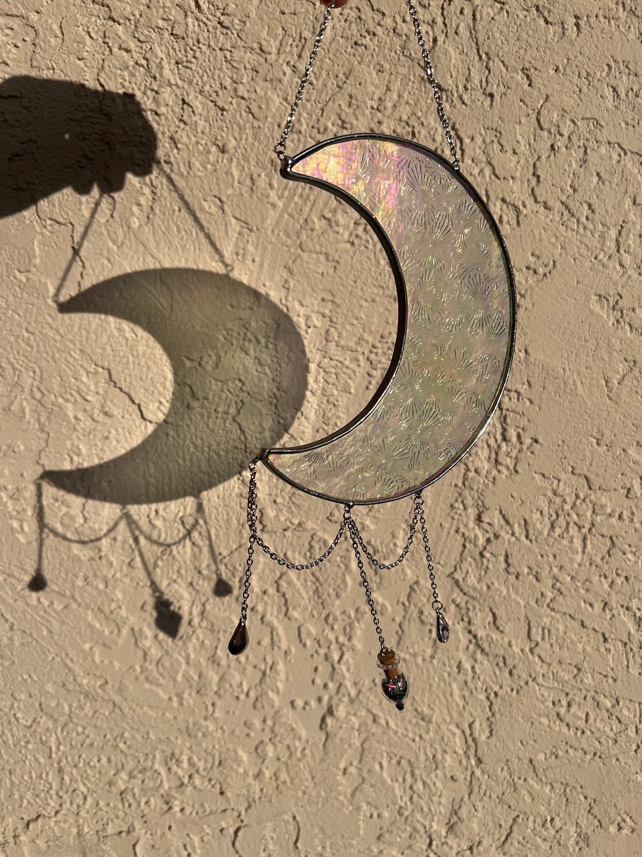 Iridescent Florentine Stained Glass Hanging Moon with Sparkly Vial and Raindrop Gems! Handmade Made to Order!