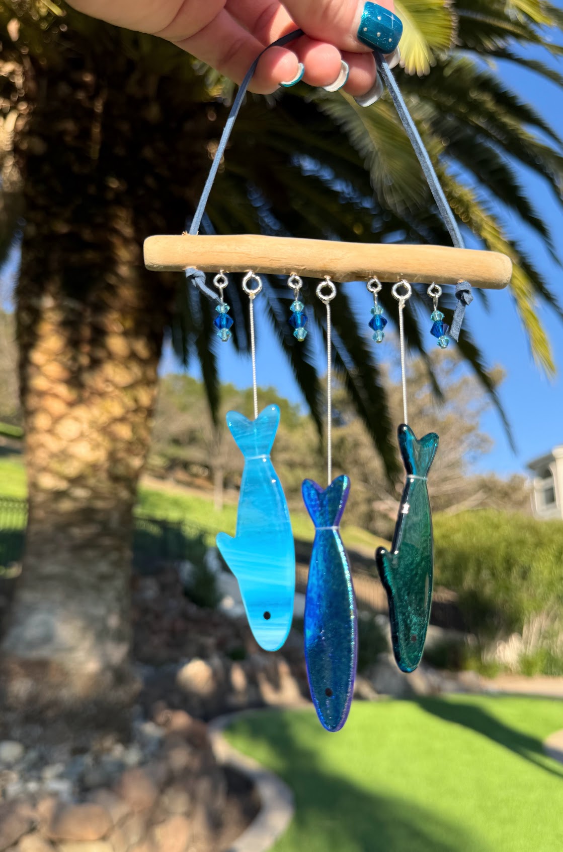 Stained Glass Sardine Wind Chime Coastal Sun Catcher, Handmade Glass Hanging Art, Ocean Blue
