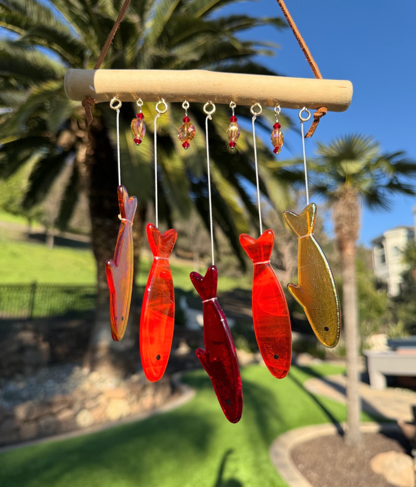 Stained Glass Sardine Wind Chime Coastal Sun Catcher, Handmade Glass Hanging Art, Sunset Red