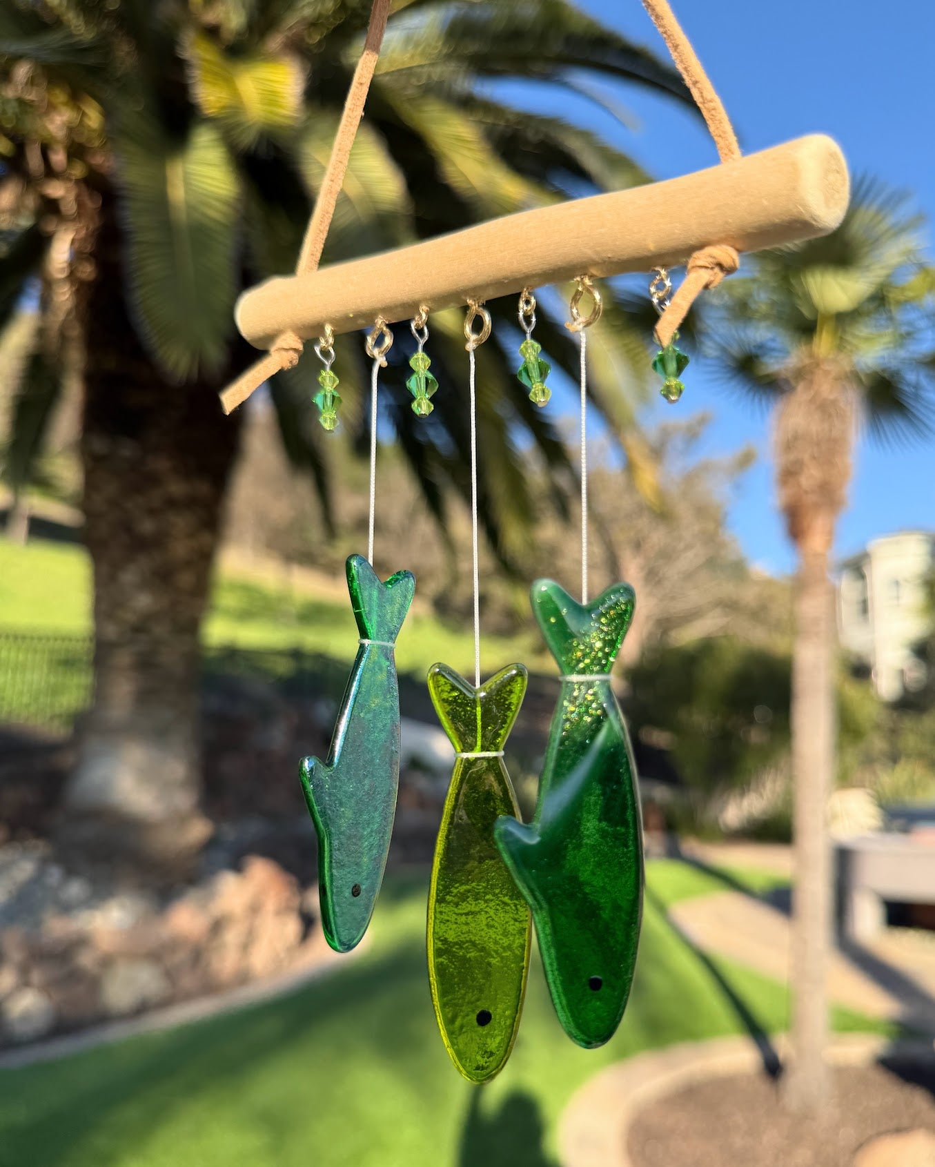 Stained Glass Sardine Wind Chime Coastal Sun Catcher, Handmade Glass Hanging Art, Sea Reef Green