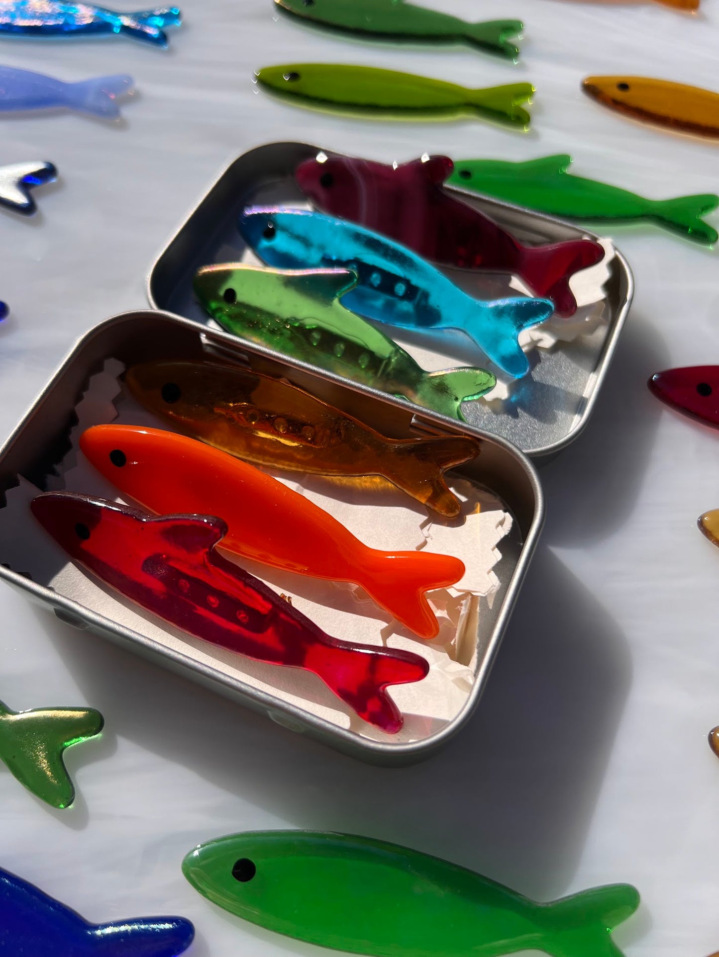 Handmade Stained Glass Sardine Pin– Choose Your Color or have it be a Mystery! Comes packaged in their own Metal Tin!