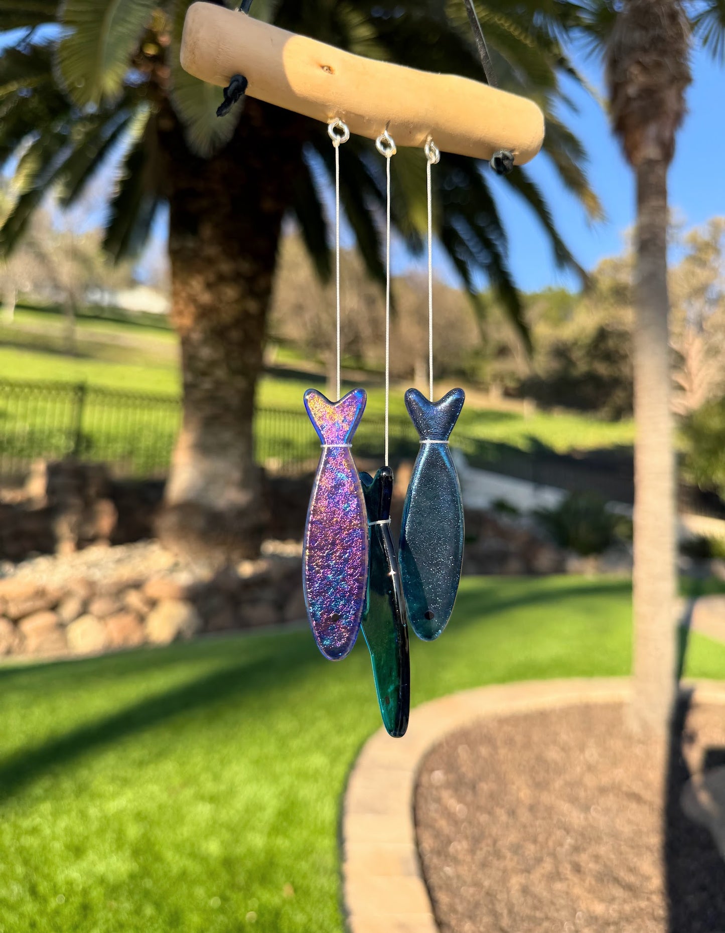 One of One! Stained Glass Sardine Wind Chime Coastal Sun Catcher, Handmade Glass Hanging Art, Deep Blue
