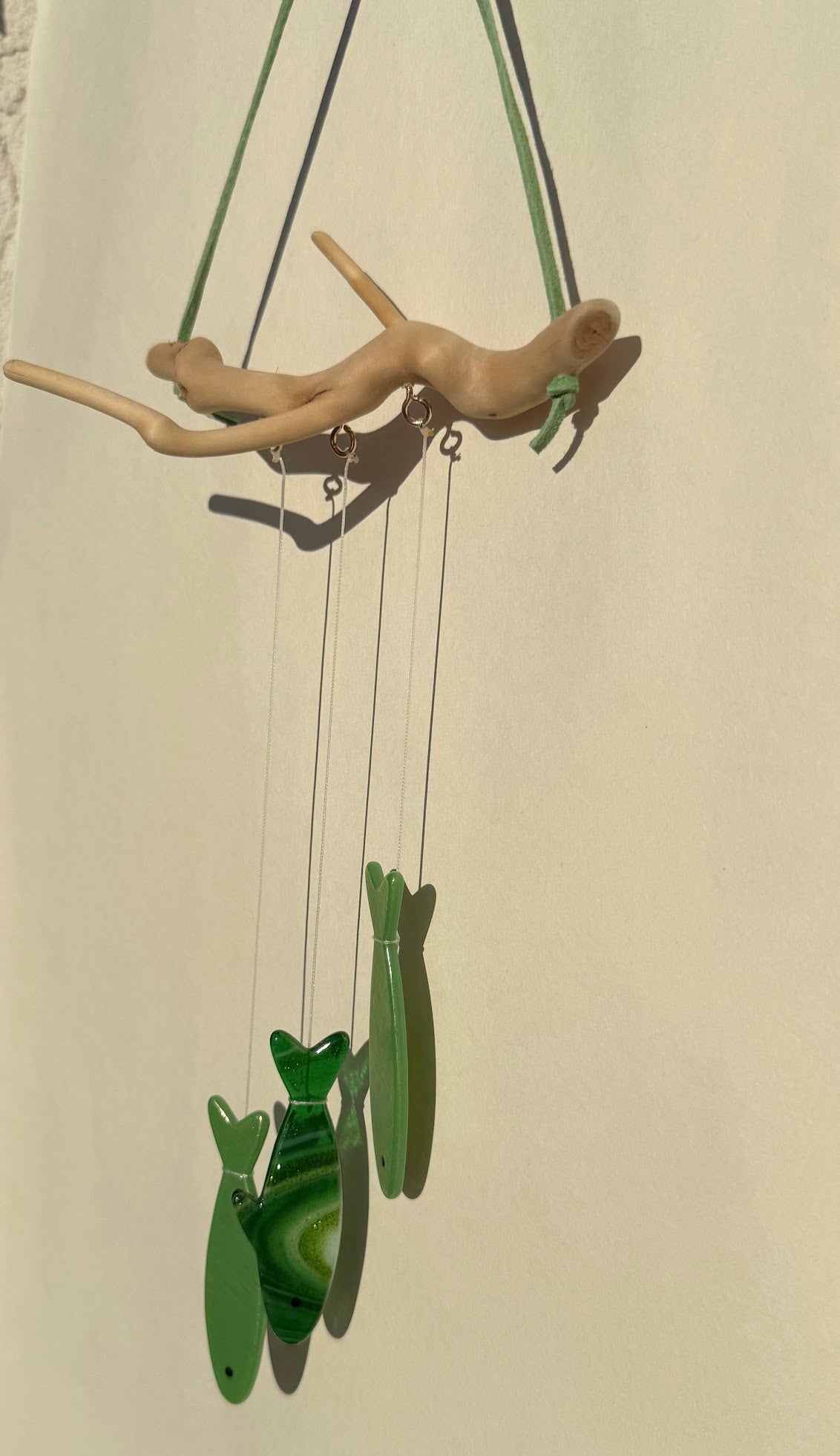 One of One! Stained Glass Sardine Wind Chime Coastal Sun Catcher, Handmade Glass Hanging Art, Green Goddess