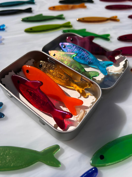 Handmade Stained Glass Sardine Pin– Choose Your Color or have it be a Mystery! Comes packaged in their own Metal Tin!