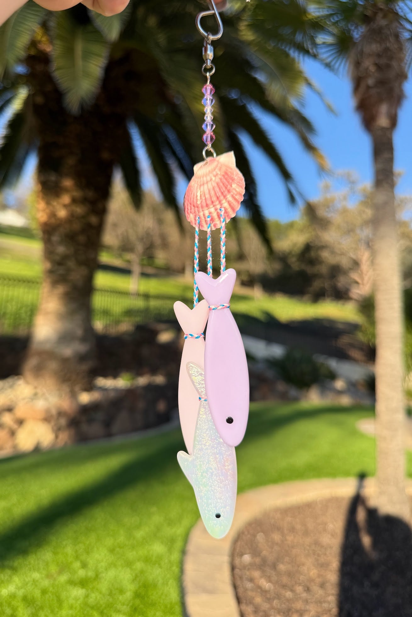 One of One! Stained Glass Sardine Wind Chime Coastal Sun Catcher, Handmade Glass Hanging Art, Pink Shell