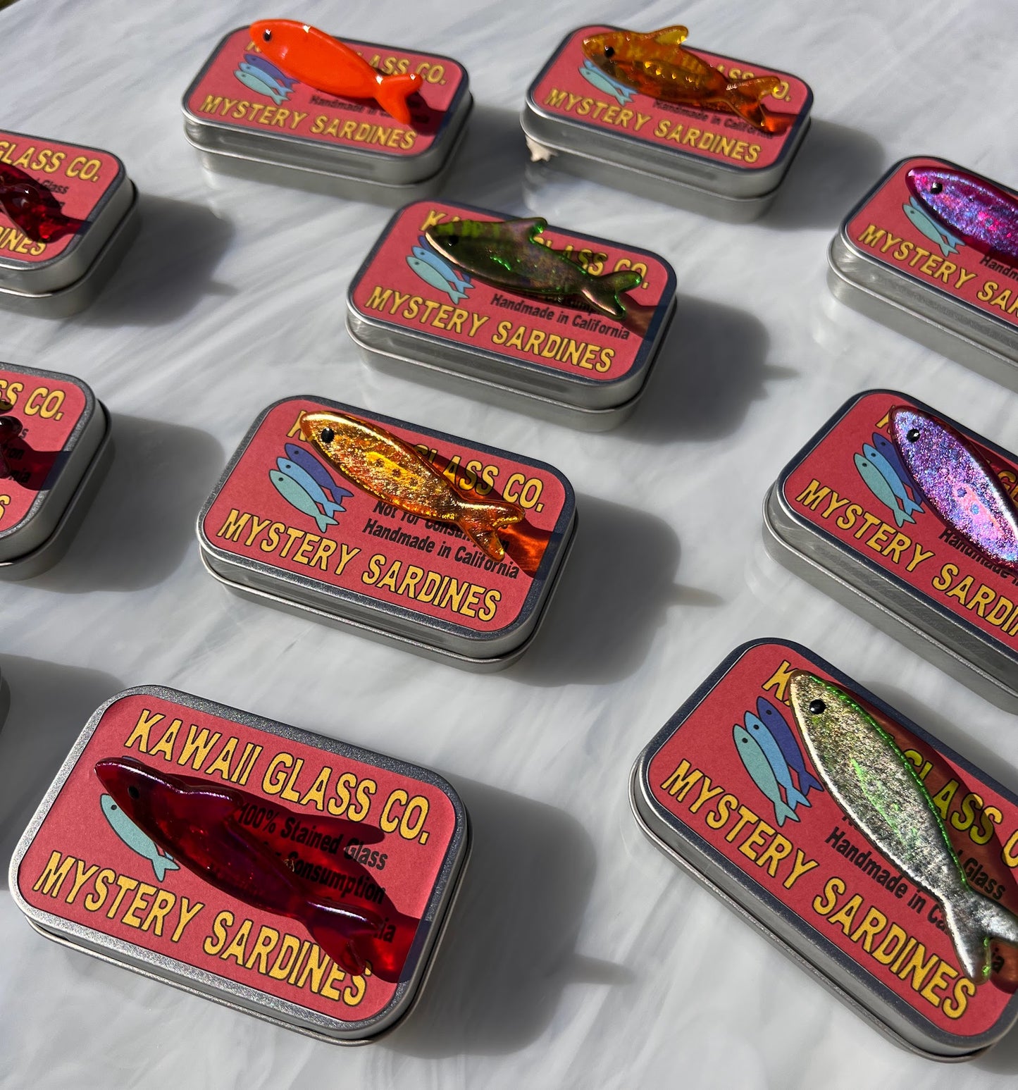 Handmade Stained Glass Sardine Pin– Choose Your Color or have it be a Mystery! Comes packaged in their own Metal Tin!