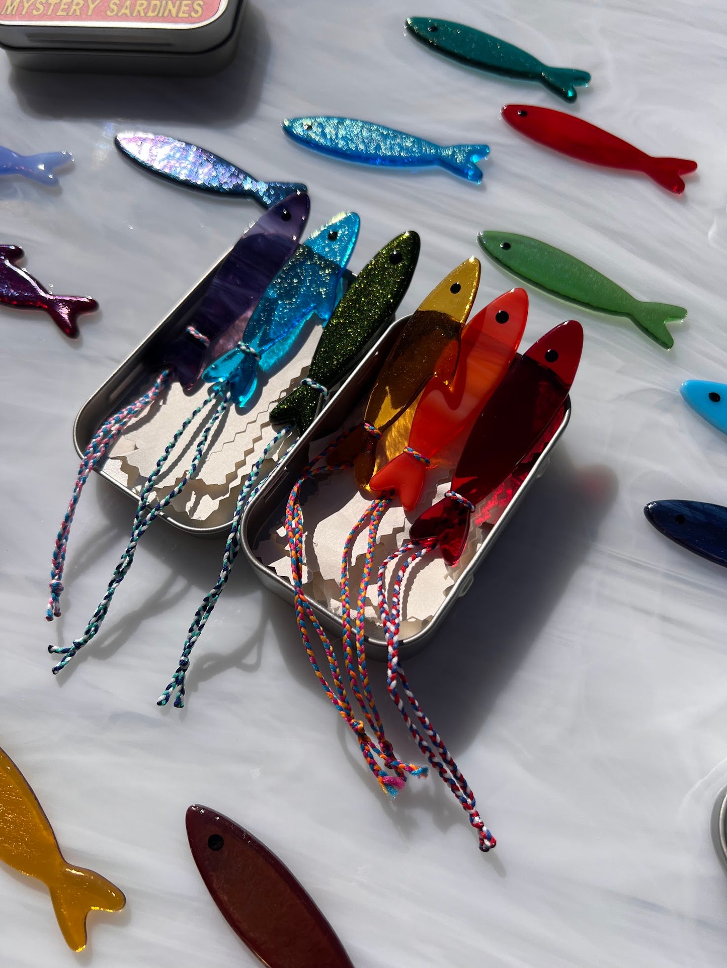 Handmade Stained Glass Sardine Suncatcher– Choose Your Color, Glittery Dichroic or a Mystery! Comes packaged in their own Metal Tin!