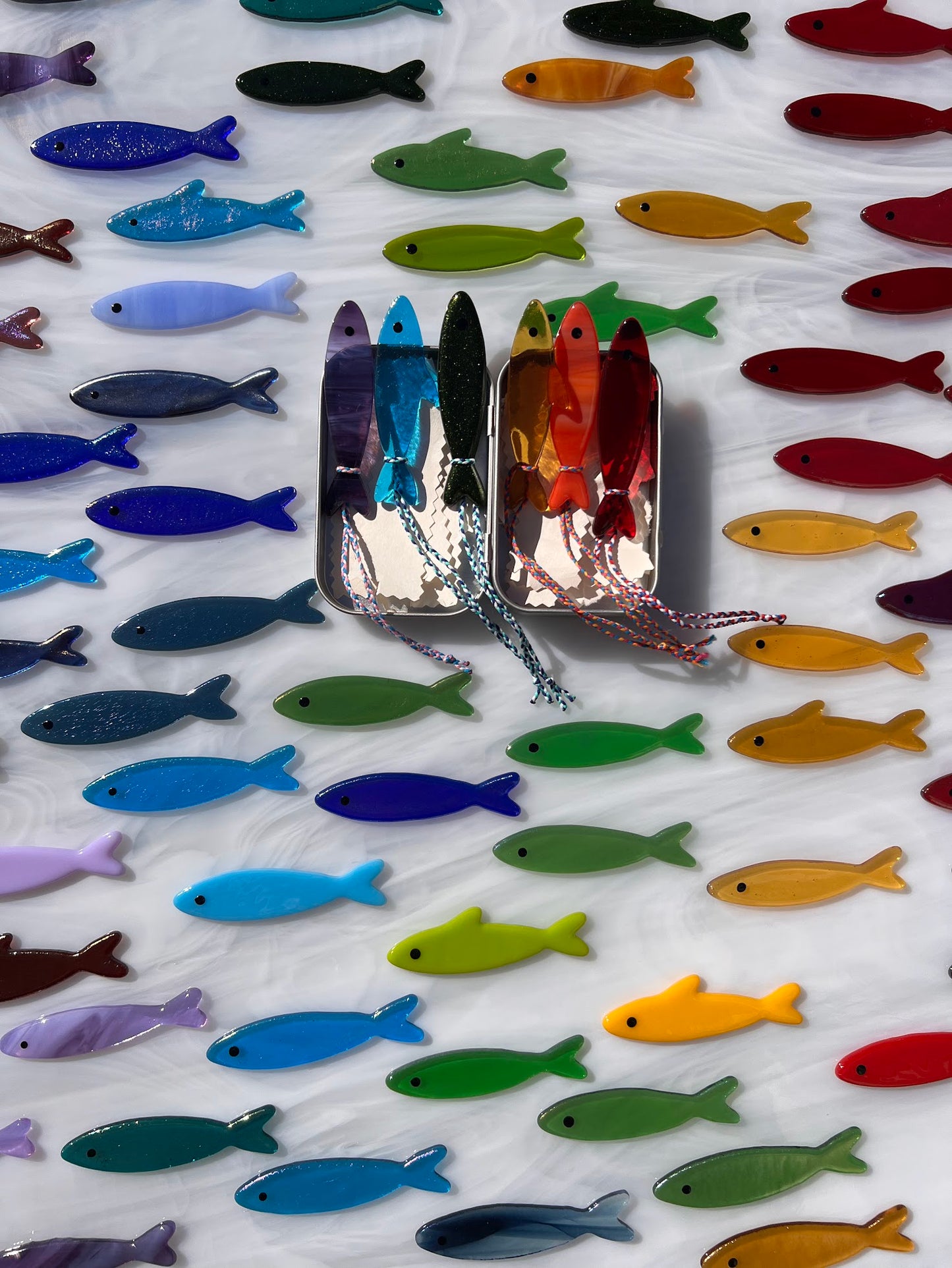 Handmade Stained Glass Sardine Suncatcher– Choose Your Color, Glittery Dichroic or a Mystery! Comes packaged in their own Metal Tin!