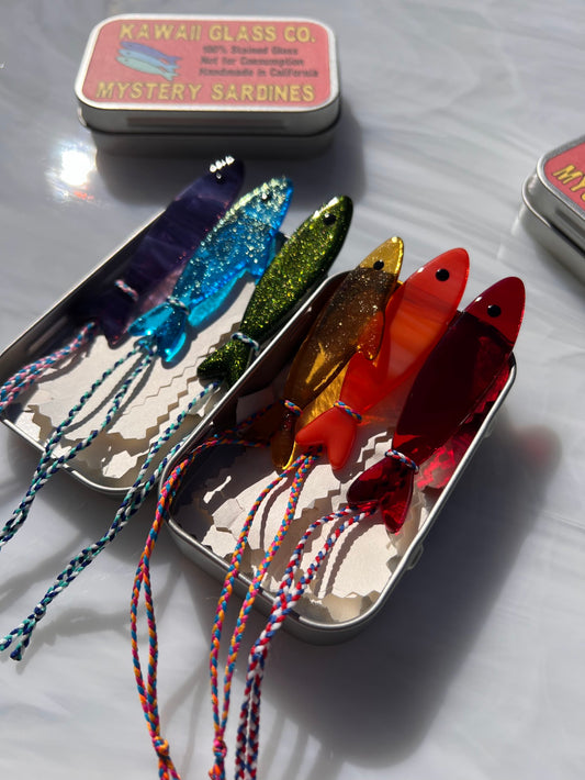 Handmade Stained Glass Sardine Suncatcher– Choose Your Color, Glittery Dichroic or a Mystery! Comes packaged in their own Metal Tin!