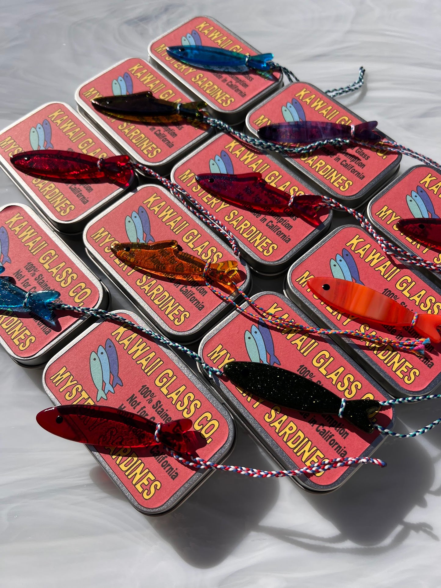 Handmade Stained Glass Sardine Suncatcher– Choose Your Color, Glittery Dichroic or a Mystery! Comes packaged in their own Metal Tin!