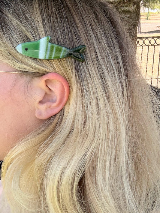 Handmade Stained Glass Sardine Hair Clip with Metal Tin! Choose 1 Single Sardine!