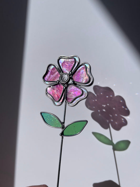 Hand Blown Pink and Rainbow Iridescent Stained Glass Flower with Faceted Round Gem Center