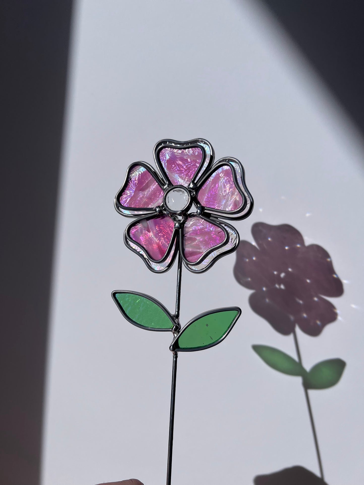 Hand Blown Pink and Rainbow Iridescent Stained Glass Flower with Faceted Round Gem Center