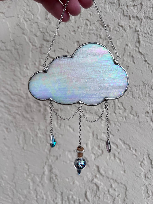 Iridescent Pearly White Stained Glass Cloud with Magical Dust Vial and Raindrop Gems! Handmade to Order!