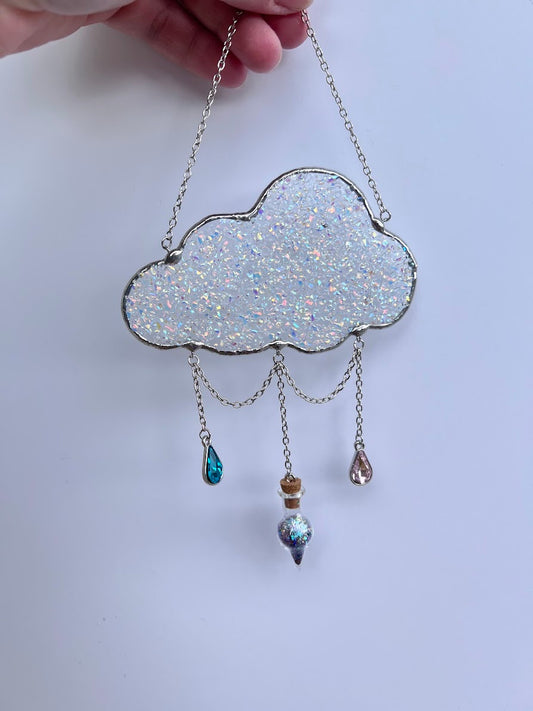 Dichroic Frit Stained Glass Cloud with Magical Dust Vial and Raindrop Gems! Handmade to Order!