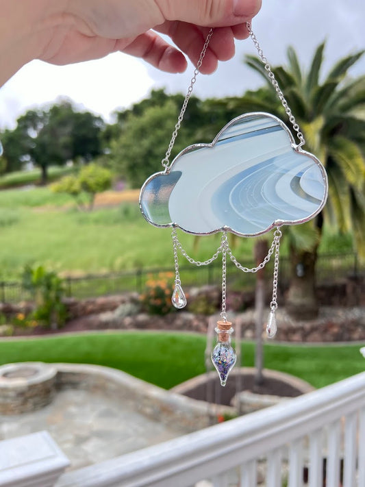 Wispy White Stained Glass Cloud with Magical Dust Vial and Raindrop Gems! Handmade to Order!