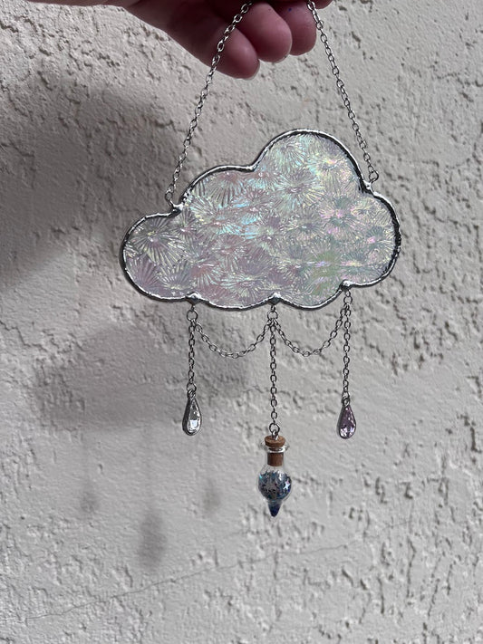 Iridescent Florentine Stained Glass Cloud with Magical Dust Vial and Raindrop Gems! Handmade to Order!