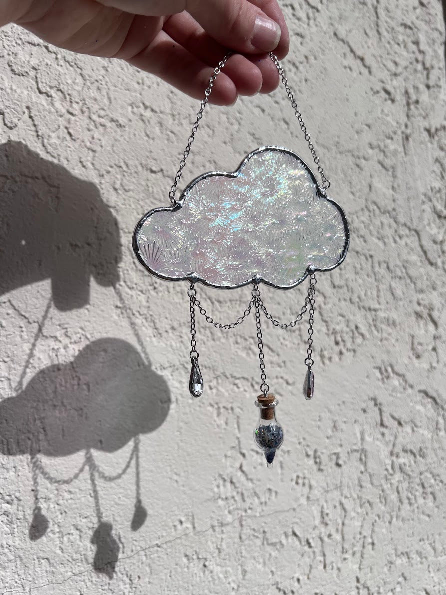 Iridescent Florentine Stained Glass Cloud with Magical Dust Vial and Raindrop Gems! Handmade to Order!