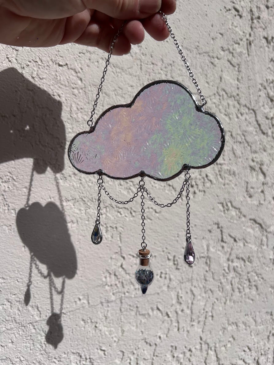 Iridescent Florentine Stained Glass Cloud with Magical Dust Vial and Raindrop Gems! Handmade to Order!