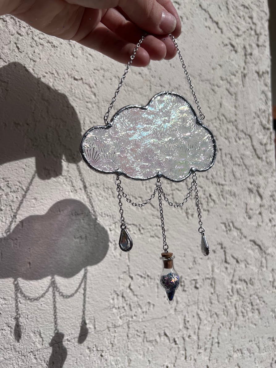 Iridescent Florentine Stained Glass Cloud with Magical Dust Vial and Raindrop Gems! Handmade to Order!