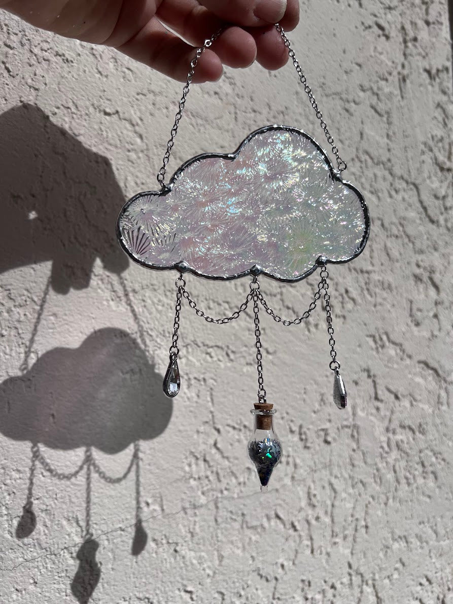 Iridescent Florentine Stained Glass Cloud with Magical Dust Vial and Raindrop Gems! Handmade to Order!