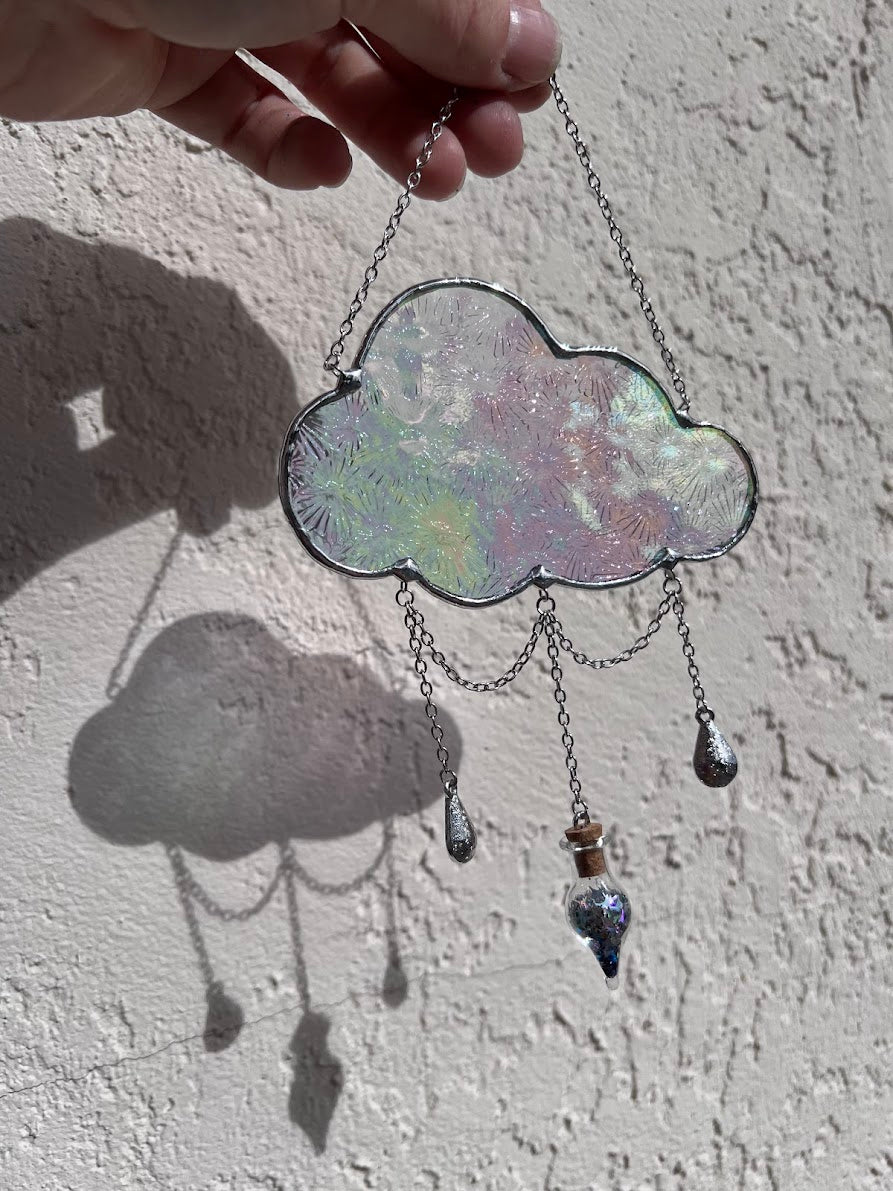 Iridescent Florentine Stained Glass Cloud with Magical Dust Vial and Raindrop Gems! Handmade to Order!