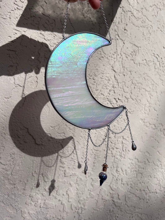 Iridescent Pearly White Stained Glass Hanging Moon with Sparkly Vial and Raindrop Gems! Handmade Made to Order!