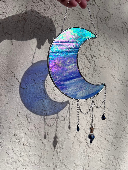 Iridescent Blue Stained Glass Hanging Moon with Sparkly Vial and Raindrop Gems! Handmade Made to Order!