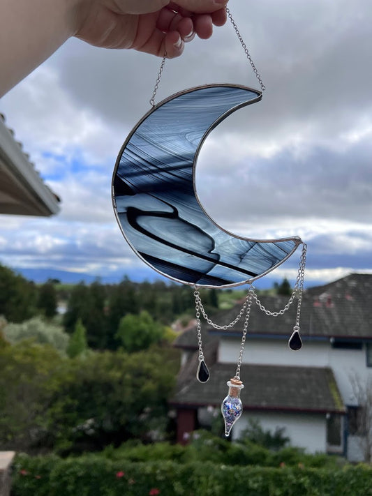 Wispy Black Stained Glass Hanging Moon with Sparkly Vial and Raindrop Gems! Handmade Made to Order!