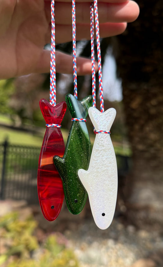 Holly-dines! Choose from 1 Single Iridescent Snowy White, Pine Green, Holly Red or the Pack of all 3 Colors! Christmas Sardine Fish Ornament