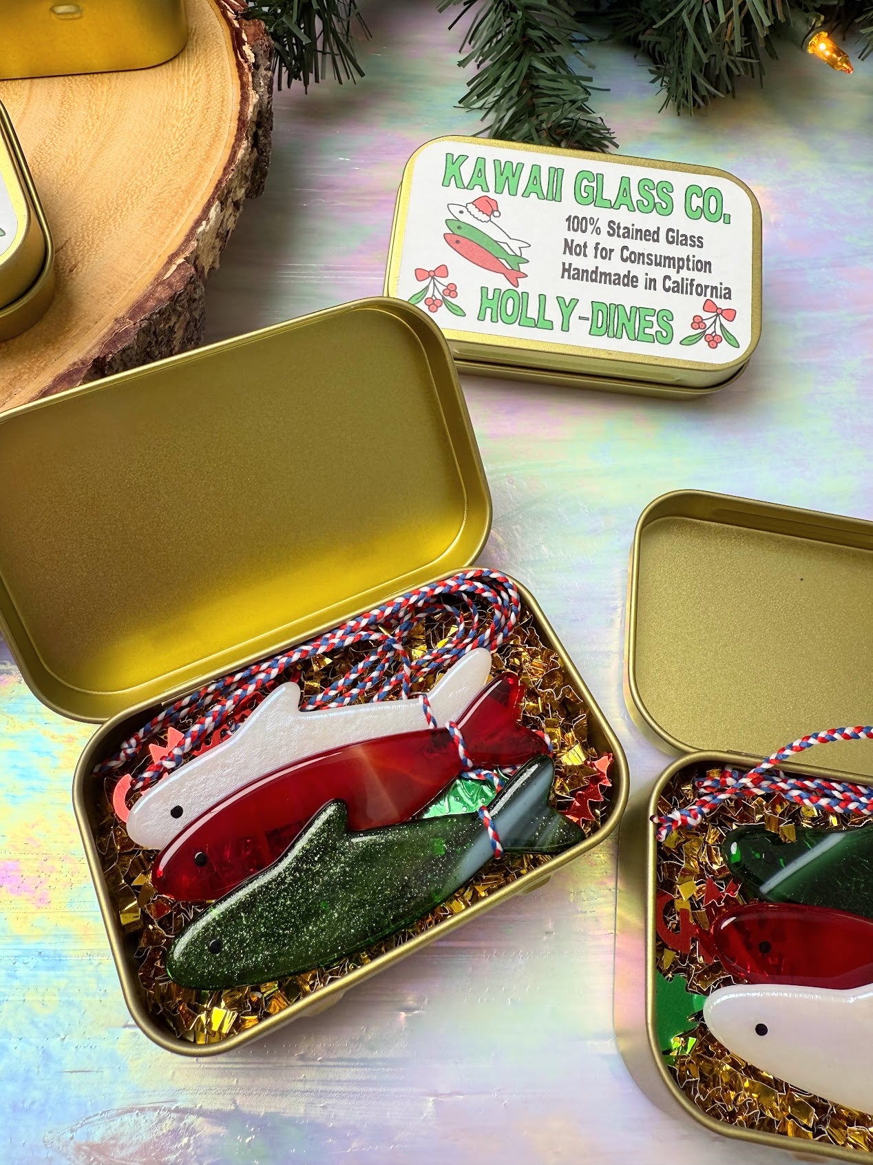 Holly-dines! Choose from 1 Single Iridescent Snowy White, Pine Green, Holly Red or the Pack of all 3 Colors! Christmas Sardine Fish Ornament