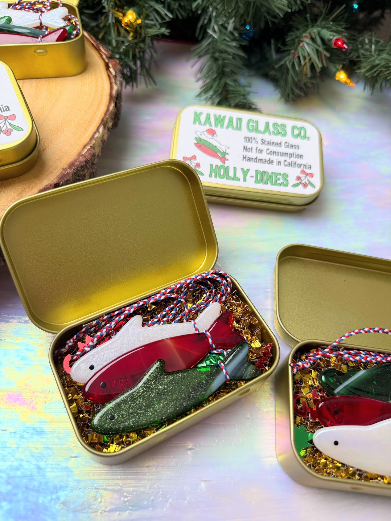 Holly-dines! Choose from 1 Single Iridescent Snowy White, Pine Green, Holly Red or the Pack of all 3 Colors! Christmas Sardine Fish Ornament