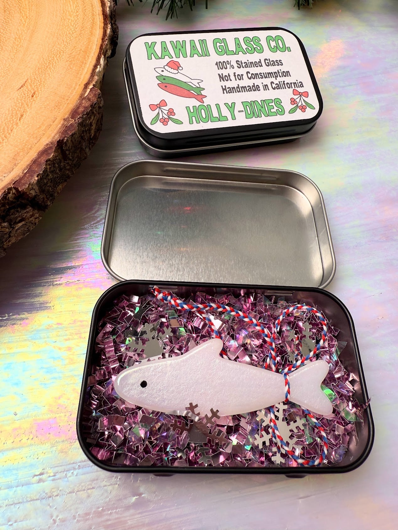 Holly-dines! Choose from 1 Single Iridescent Snowy White, Pine Green, Holly Red or the Pack of all 3 Colors! Christmas Sardine Fish Ornament