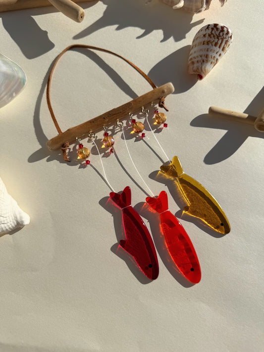 Stained Glass Sardine Wind Chime Coastal Sun Catcher, Handmade Glass Hanging Art, Sunset Red