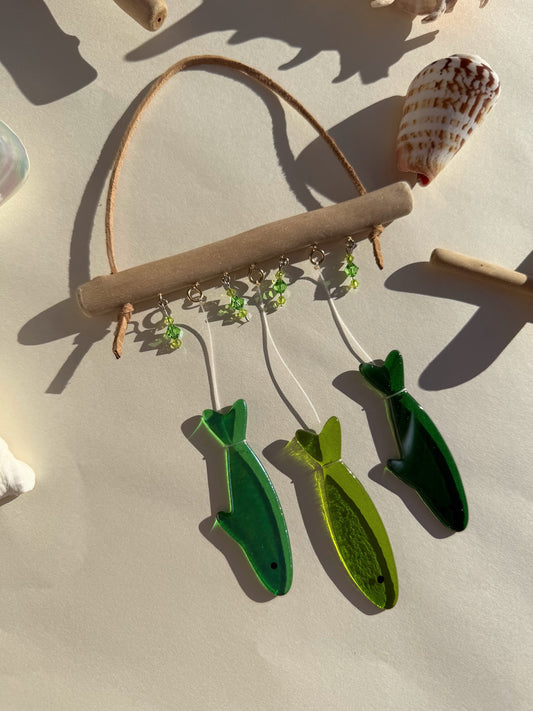 Stained Glass Sardine Wind Chime Coastal Sun Catcher, Handmade Glass Hanging Art, Sea Reef Green