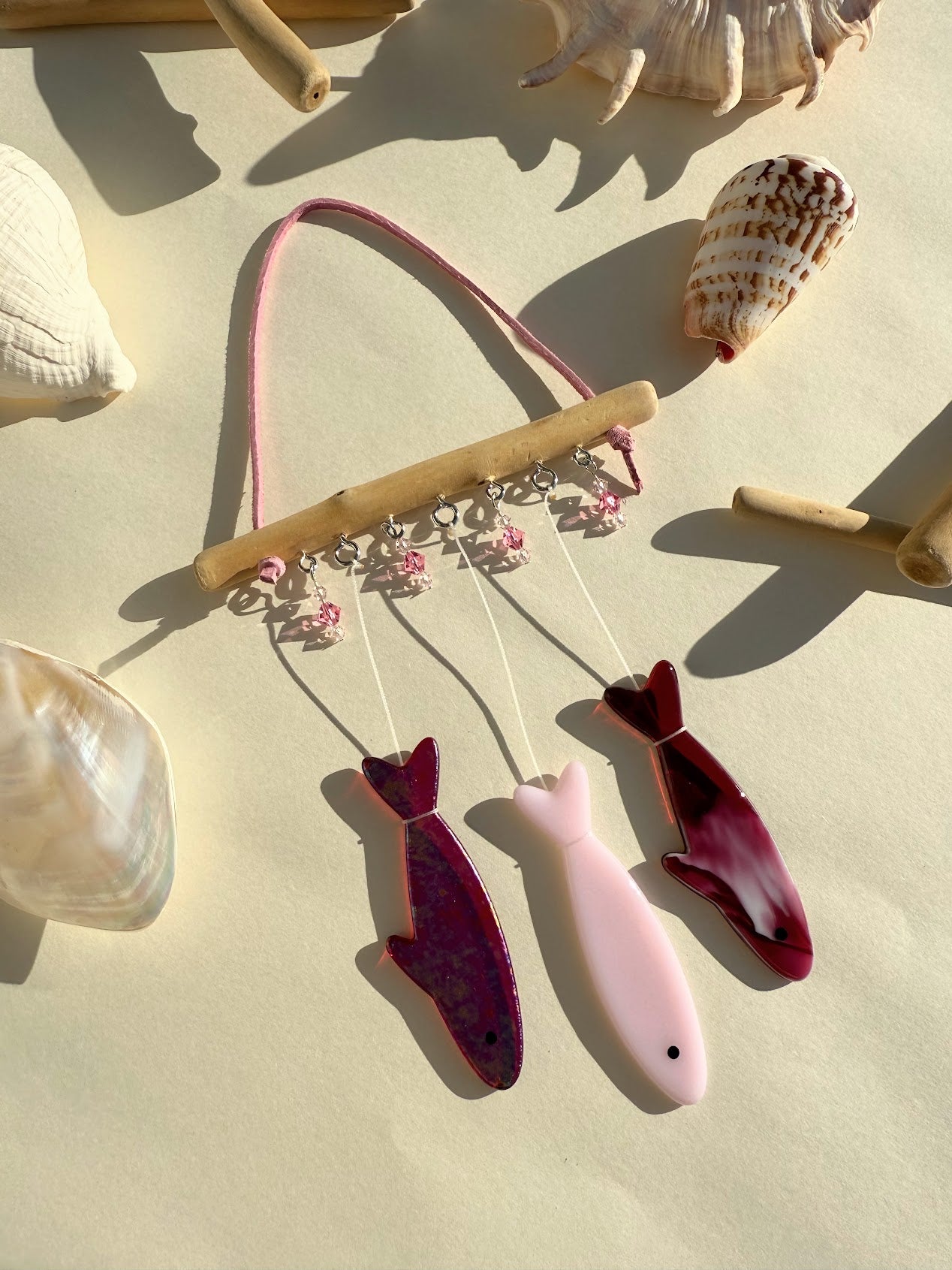 Stained Glass Sardine Wind Chime Coastal Sun Catcher, Handmade Glass Hanging Art, Sunrise Pink