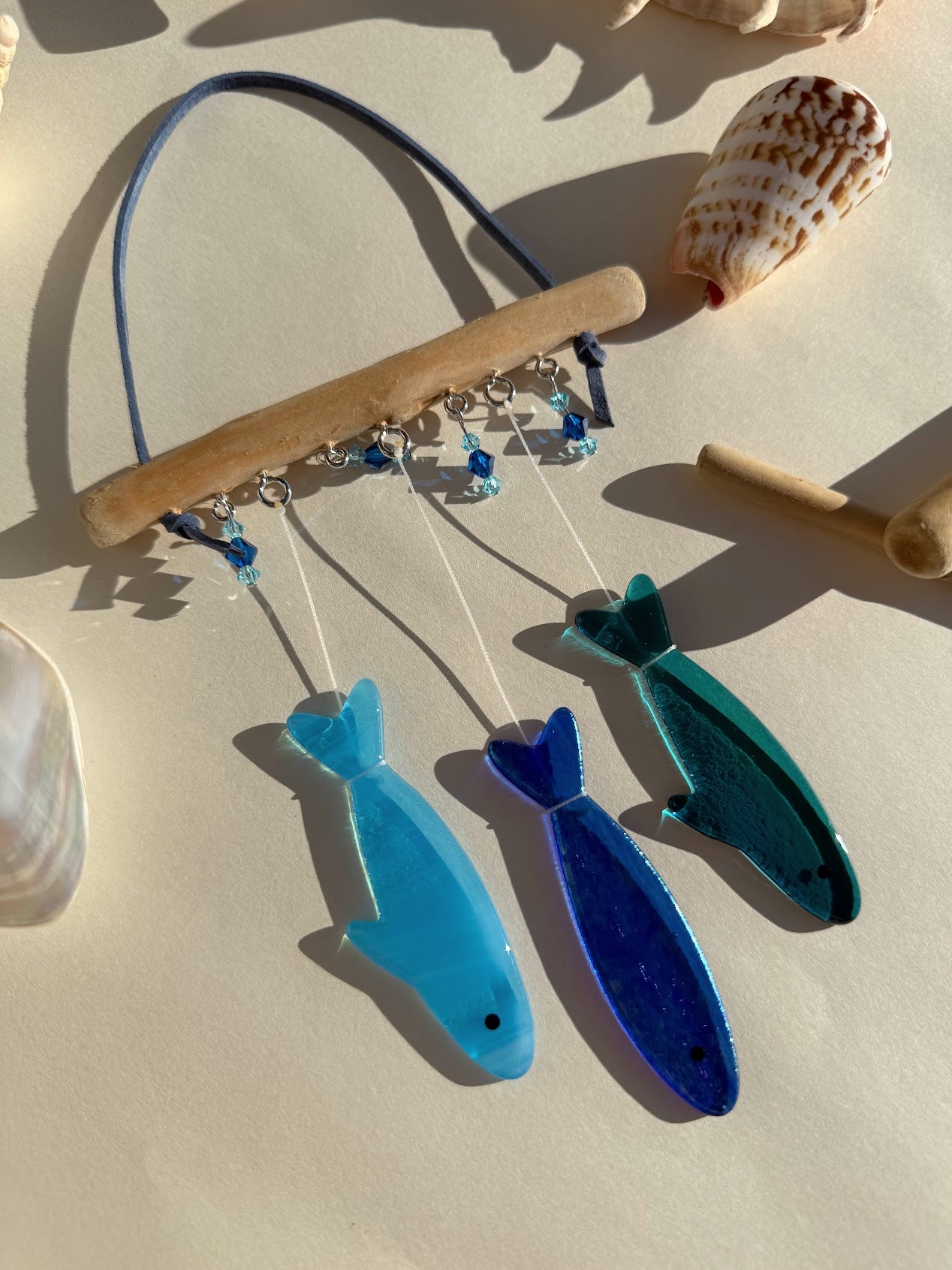 Stained Glass Sardine Wind Chime Coastal Sun Catcher, Handmade Glass Hanging Art, Ocean Blue