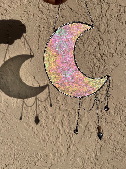 Iridescent Florentine Stained Glass Hanging Moon with Sparkly Vial and Raindrop Gems! Handmade Made to Order!