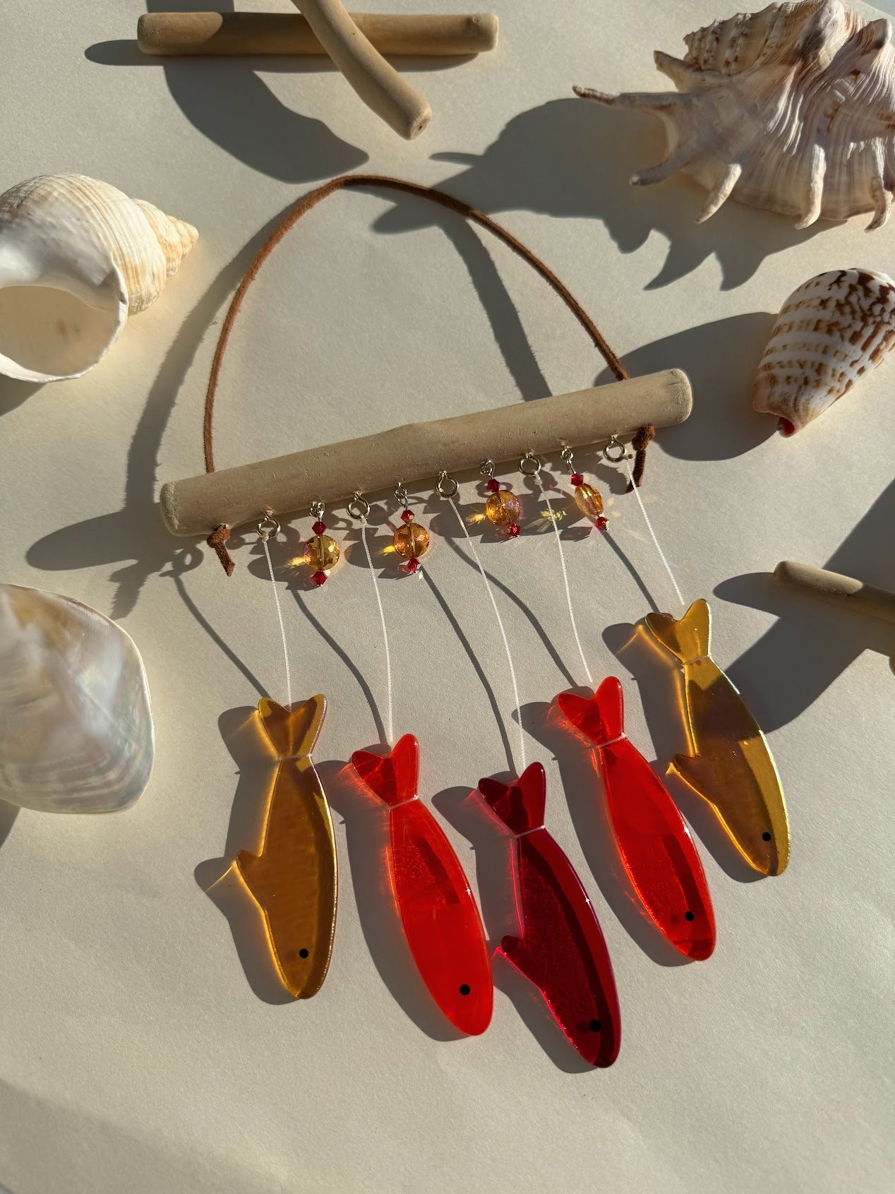 Stained Glass Sardine Wind Chime Coastal Sun Catcher, Handmade Glass Hanging Art, Sunset Red