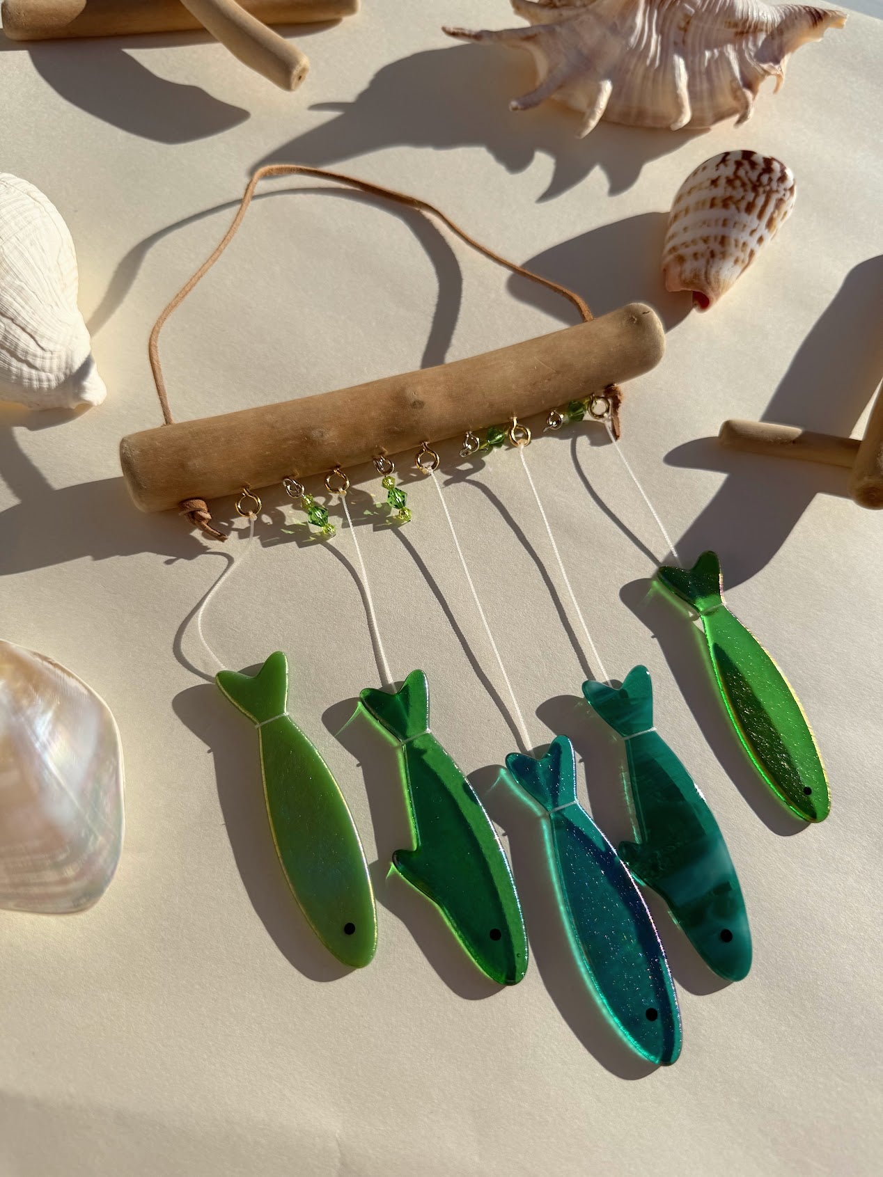 Stained Glass Sardine Wind Chime Coastal Sun Catcher, Handmade Glass Hanging Art, Sea Reef Green