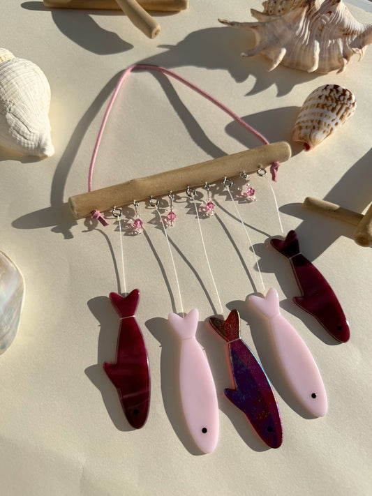 Stained Glass Sardine Wind Chime Coastal Sun Catcher, Handmade Glass Hanging Art, Sunrise Pink